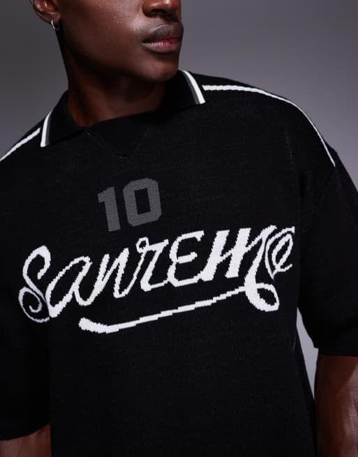 ASOS DESIGN relaxed knit polo with sport graphic in black