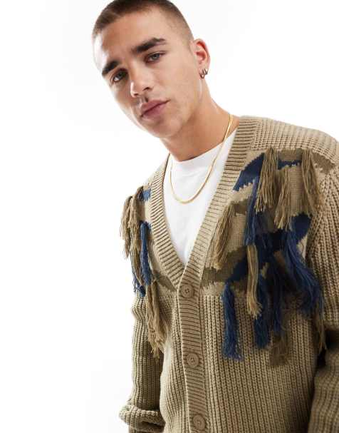 ASOS DESIGN relaxed knit ribbed cardigan in open knit texture in khaki with fringe detail - view 1
