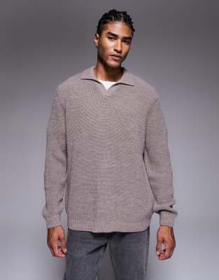 Asos Design Relaxed Knit Ribbed Notch Neck Polo In Neutral