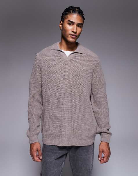 ASOS DESIGN relaxed knit ribbed notch neck polo in mink - view 1