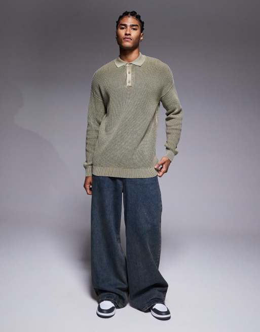 ASOS DESIGN relaxed knit ribbed polo sweater in khaki acid wash, 2 of 5