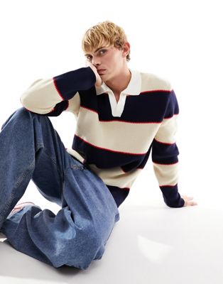 Asos Design Relaxed Knit Rugby Striped Sweater In Navy And White
