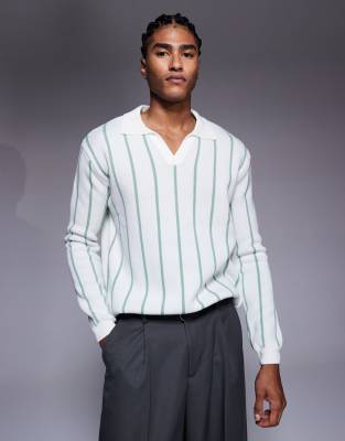 Asos Design Relaxed Knit Stripe Notch Neck Polo Shirt In White