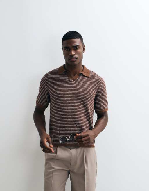 ASOS DESIGN relaxed knit stripe textured notch neck in blue and brown, 3 of 5
