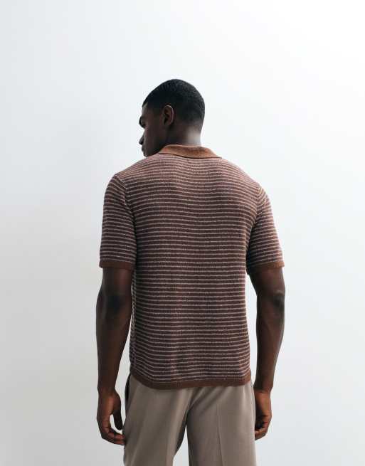 ASOS DESIGN relaxed knit stripe textured notch neck in blue and brown, 4 of 5