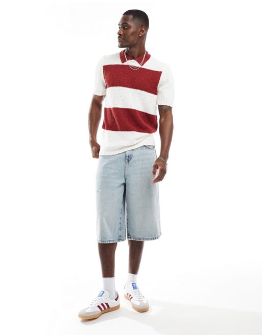 FhyzicsShops DESIGN relaxed knit striped polo in slubby texture in red