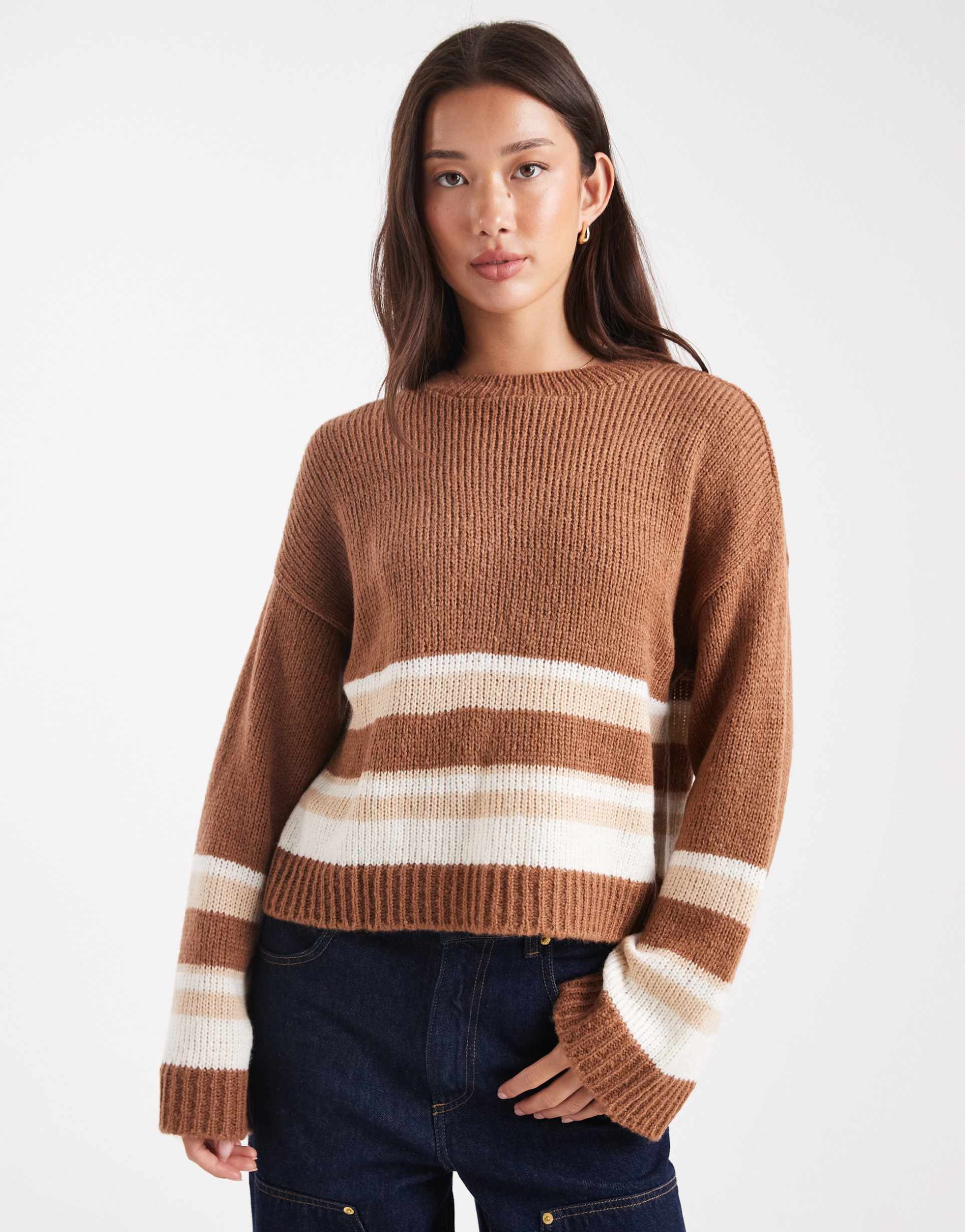 asos design relaxed knit sweater in beige stripe