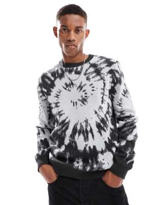 Asos Design Relaxed Knit Sweater In Black With Tie Dye Pattern-gray