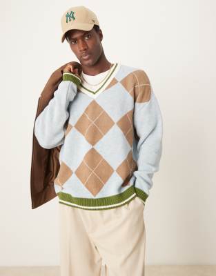 relaxed knit sweater in blue and brown argyle pattern-Multi