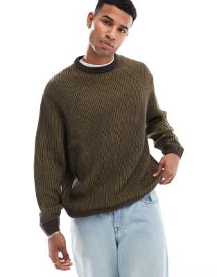 Asos Design Relaxed Knit Sweater In Khaki Brown Plated Rib