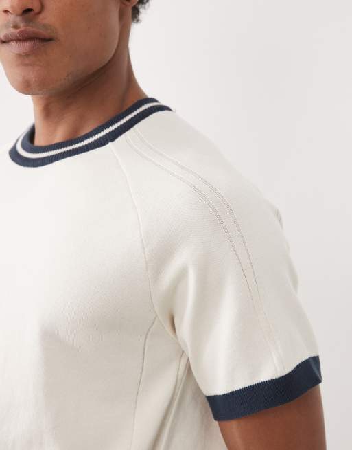 ASOS DESIGN relaxed knit T-shirt with navy tipping in cream, 2 of 5