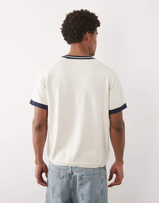 ASOS DESIGN relaxed knit T-shirt with navy tipping in cream, 5 of 5