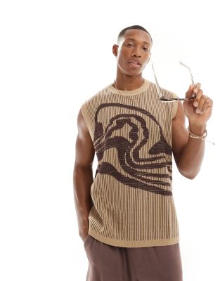 ASOS DESIGN relaxed knit tank in brown rib texture with wave pattern
