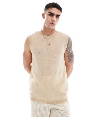 relaxed knit tank in open knit texture in stone-Neutral