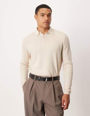 Asos Design Relaxed Knit Textured Long Sleeve Polo In Neutral