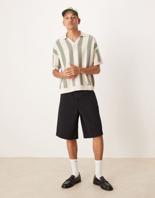 ASOS DESIGN relaxed fit knit textured notch neck polo in ecru and green stripe 