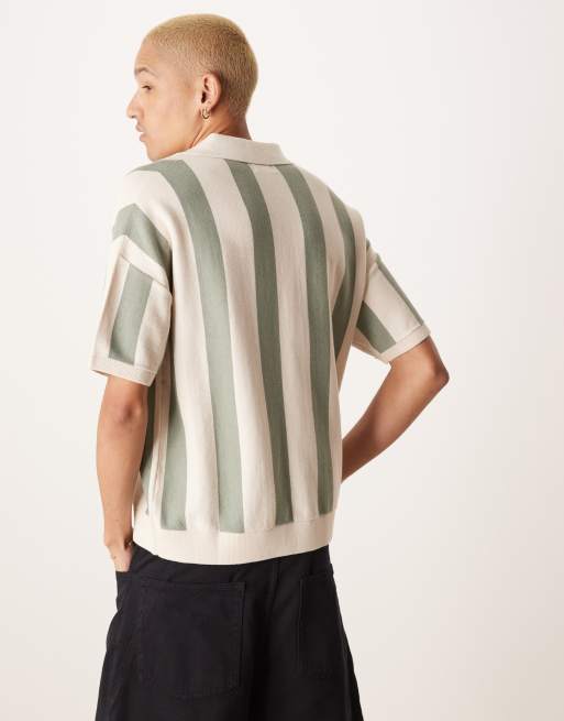 ASOS DESIGN relaxed fit knit textured notch neck polo in ecru and green stripe 