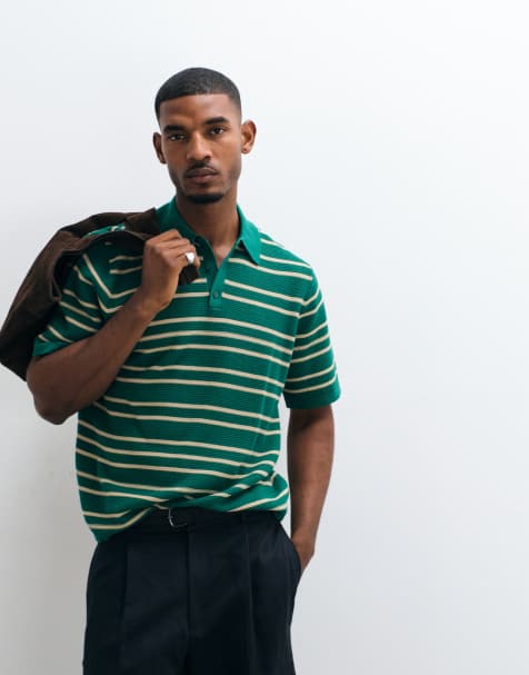 ASOS DESIGN relaxed knit textured polo shirt in green and beige stripes - view 1