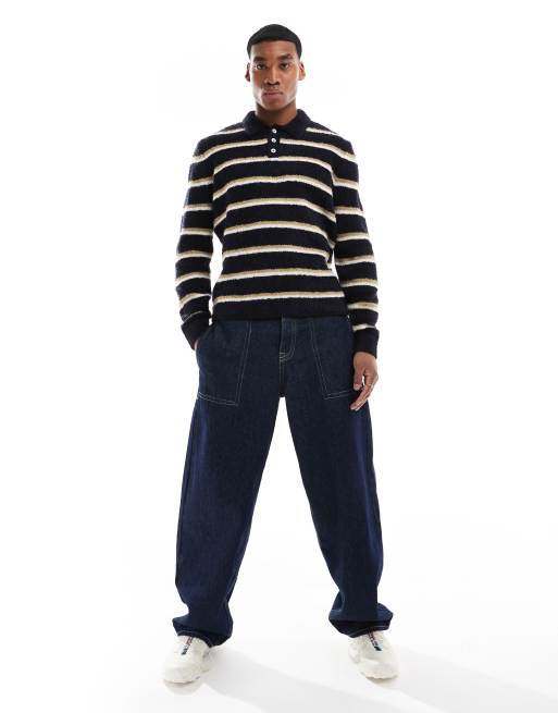 ASOS DESIGN relaxed knitted boucle polo sweater in navy stripe