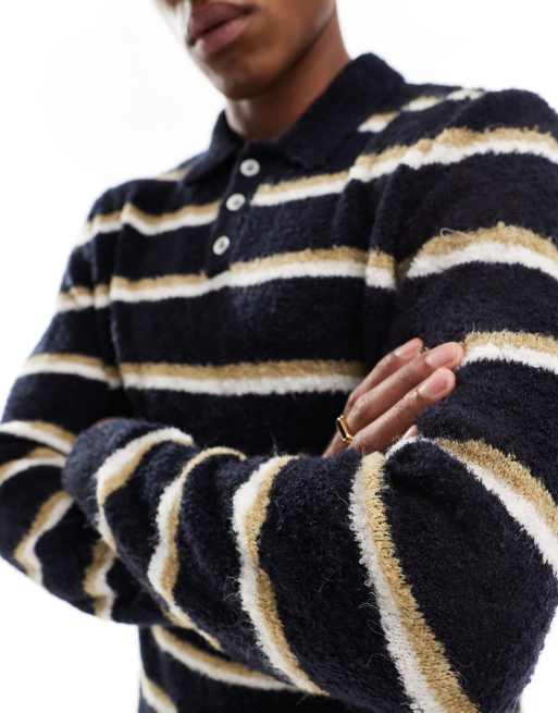 ASOS DESIGN relaxed knitted boucle polo sweater in navy stripe