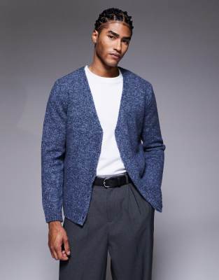 Asos Design Relaxed Knit V-neck Cardigan With Concealed Placket In Blue
