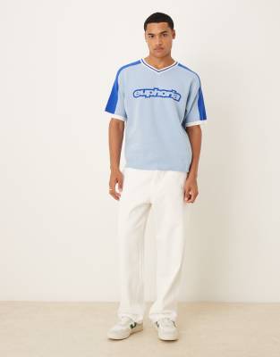Asos Design Relaxed Knit V-neck T-shirt With Euphoria Graphic In Blue