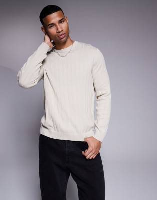 Asos Design Relaxed Knit Wide Ribbed Sweater In Oatmeal-white