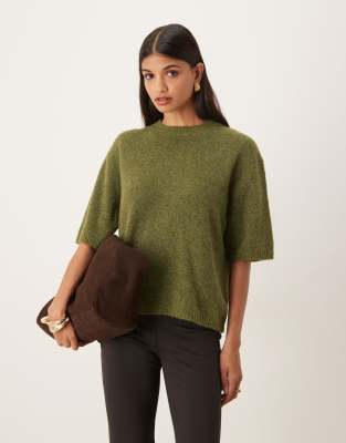 ASOS DESIGN relaxed knit wool and alpaca T-shirt in olive-Green