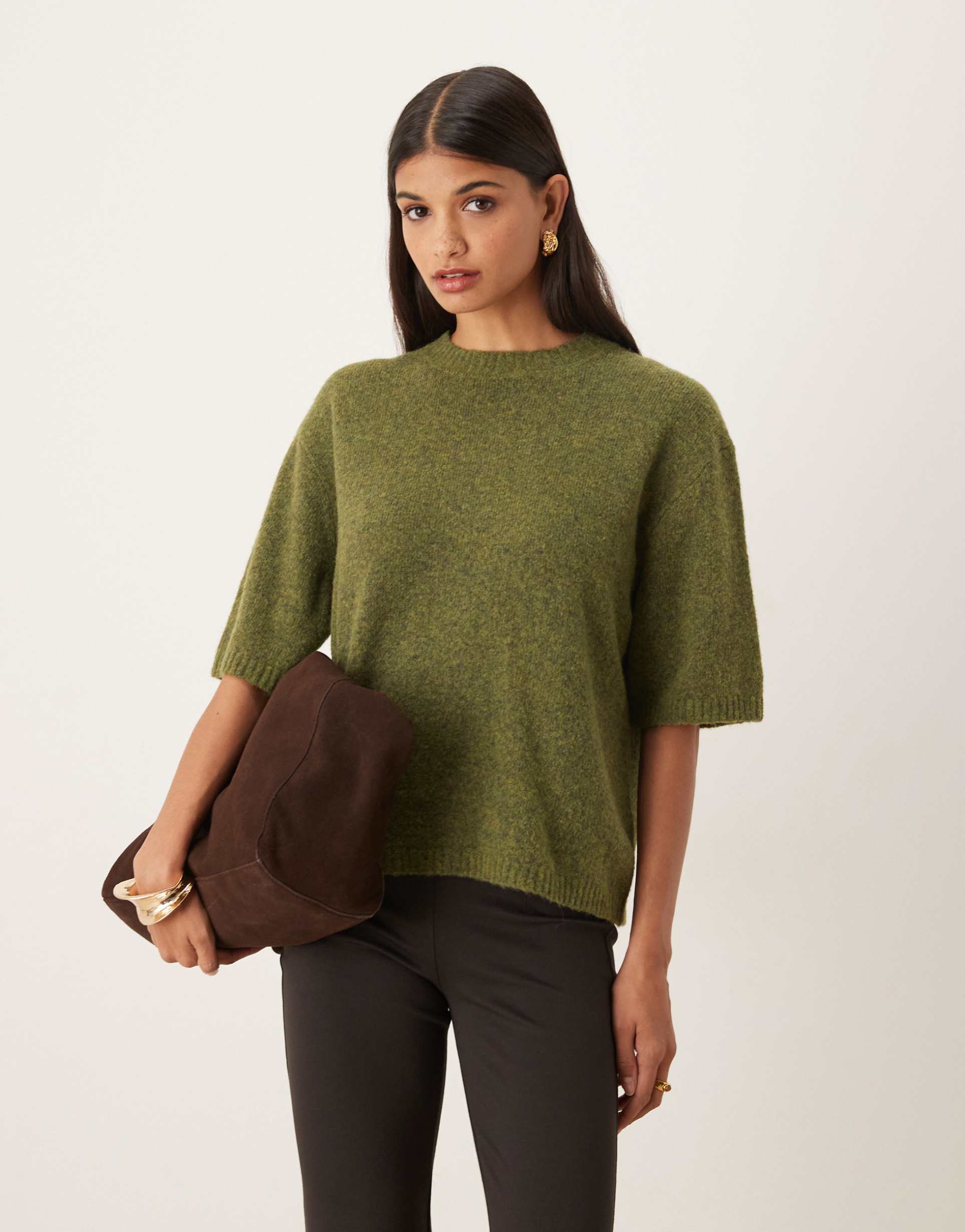 asos design relaxed knit wool and alpaca t-shirt in olive