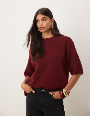 ASOS DESIGN relaxed knit wool and alpaca T-shirt in plum-Purple