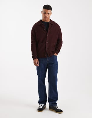 Asos Design Relaxed Knit Wool Blend Cardigan With Front Pockets In Red