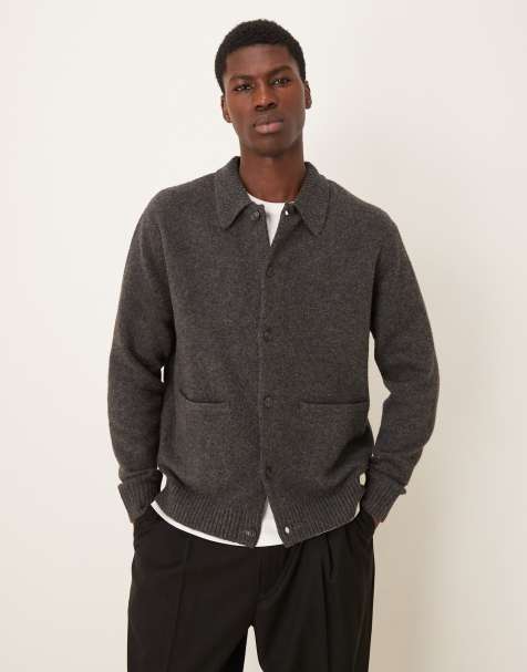 ASOS DESIGN relaxed knit wool blend cardigan with front pockets in gray - view 1