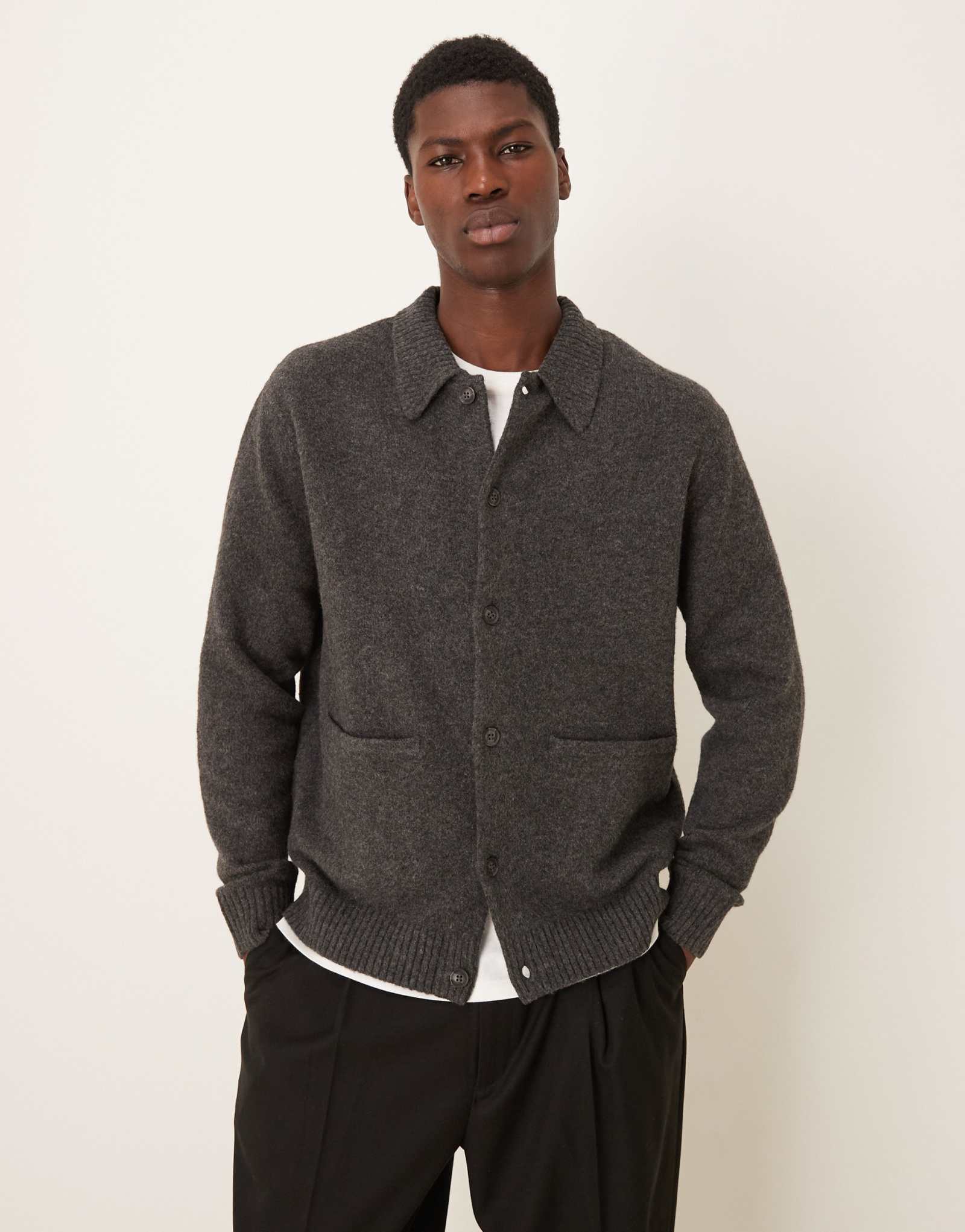 Кардиган свободного кроя из смеси шерсти ASOS DESIGN серого цвета с передними карманами