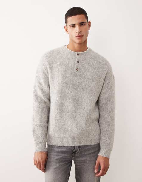 ASOS DESIGN relaxed knit wool mix henley sweater in gray - view 1