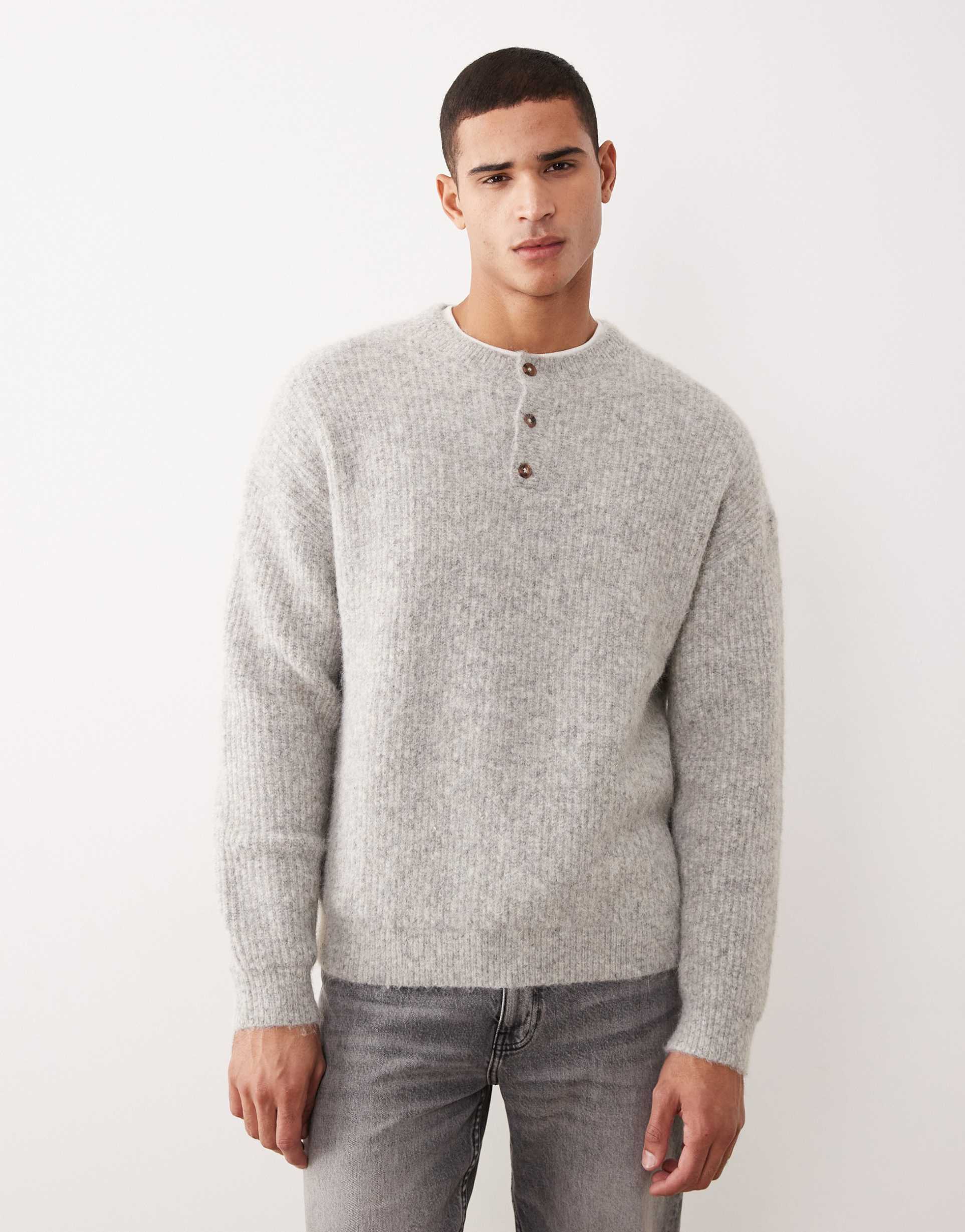 ASOS DESIGN relaxed knit wool mix henley sweater in gray