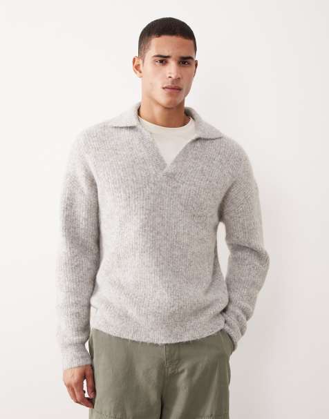ASOS DESIGN relaxed knit wool mix notch neck polo sweater in gray - view 1