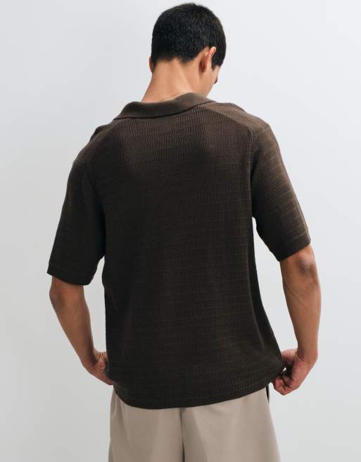 ASOS DESIGN relaxed knitted airtex notch neck in black, 3 of 5