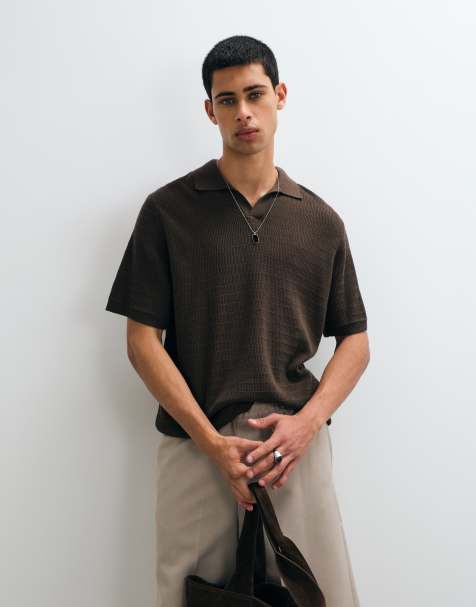 ASOS DESIGN relaxed knitted airtex notch neck in brown - view 1
