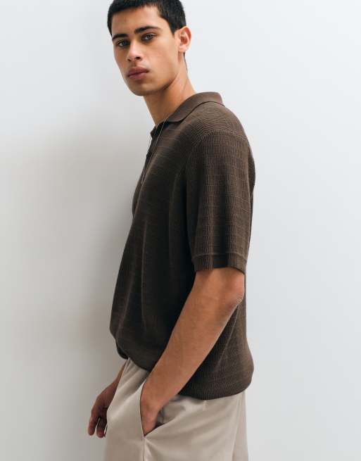 ASOS DESIGN relaxed knitted airtex notch neck in brown, 4 of 5