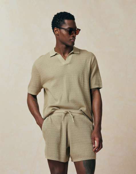ASOS DESIGN relaxed knitted airtex notch neck polo in stone (part of a set) - view 1