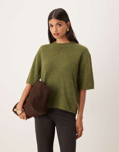 ASOS DESIGN relaxed knitted alpaca tshirt in olive - view 1