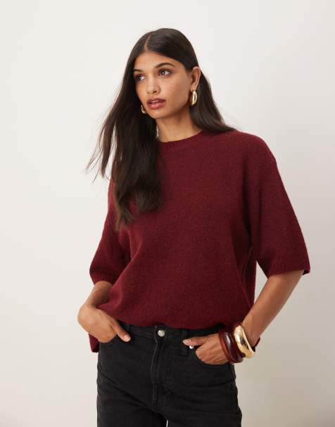 ASOS DESIGN relaxed knitted alpaca tshirt in plum - view 1