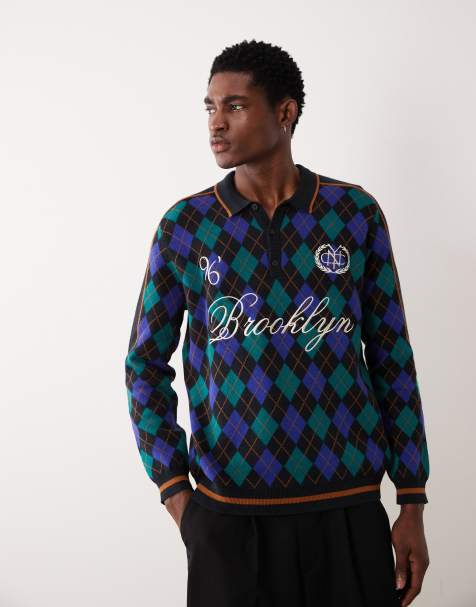 ASOS DESIGN relaxed knitted argyle print polo with Brooklyn embroidery in blue and black (part of a set) - view 1