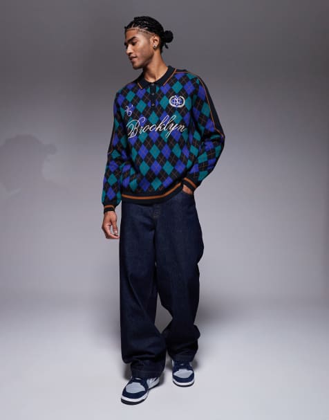 ASOS DESIGN relaxed knitted argyle print polo with Brooklyn embroidery in blue and black - view 1