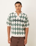 [ASOS DESIGN] ASOS DESIGN relaxed knitted argyle print polo with Brooklyn graphic in cream and green-Multi L MULTI