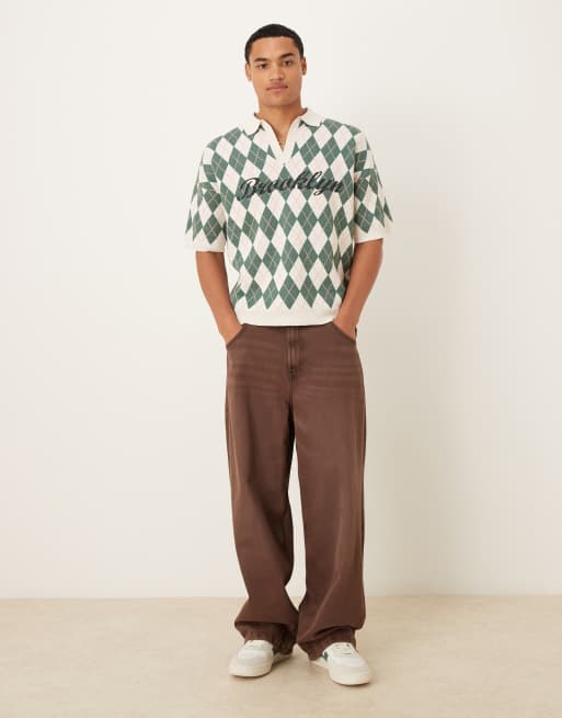 ASOS DESIGN relaxed knitted argyle print polo with Brooklyn graphic in cream and green, 2 of 5
