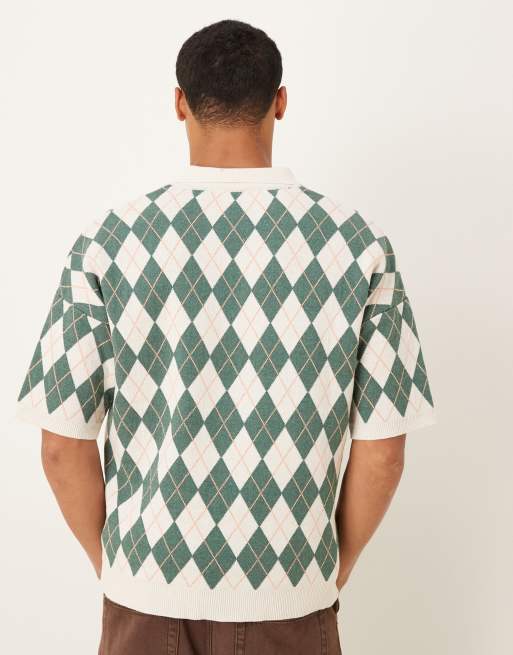 ASOS DESIGN relaxed knitted argyle print polo with Brooklyn graphic in cream and green, 3 of 5
