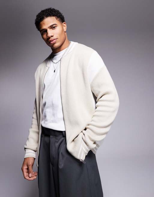 ASOS DESIGN relaxed knitted bomber jacket in stone color block