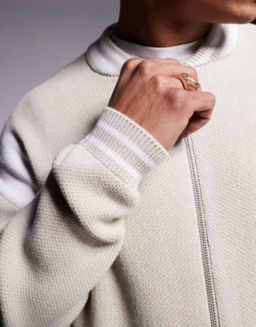 ASOS DESIGN relaxed knitted bomber jacket in stone color block