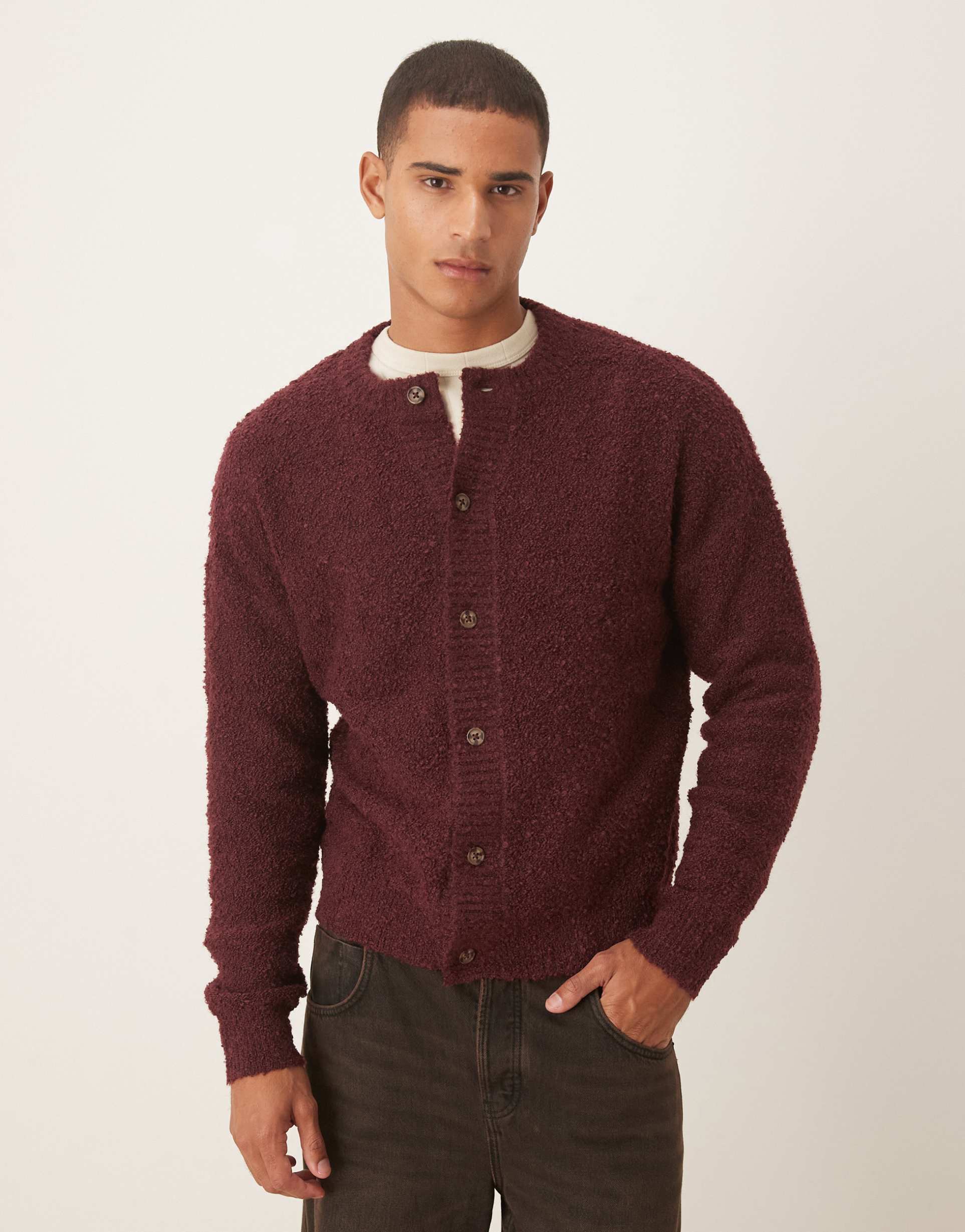 ASOS DESIGN relaxed knitted boucle crew neck cardigan in burgundy